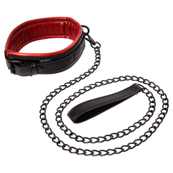 Sportsheets Saffron Padded Collar with Chain Leash Red and Black
