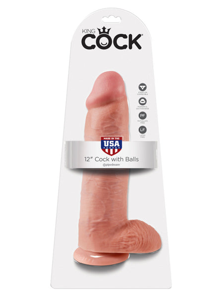 King Cock - 12 in. Cock With Balls Flesh & Suction Cap