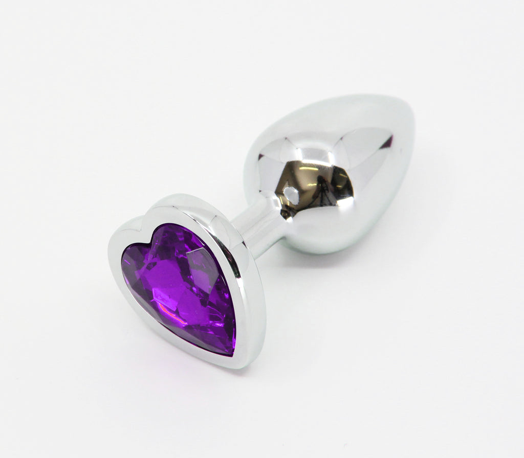LOVE IN LEATHER ANAL PLUG SILVER METAL WITH PURPLE HEART GEM SMALL